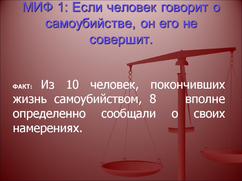 МИФ 1: Если человек говорит о самоубийстве, он его не совершит.   